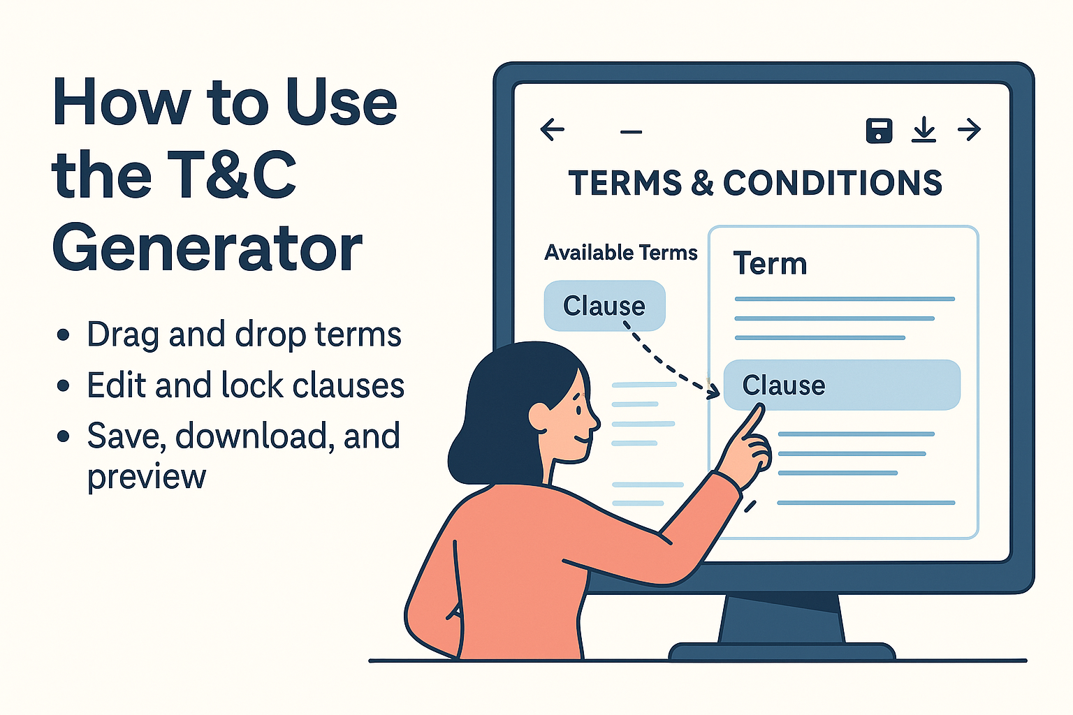 Illustration showing the step-by-step features of the Terms and Conditions Generator including industry selection, clause editing, and PDF export